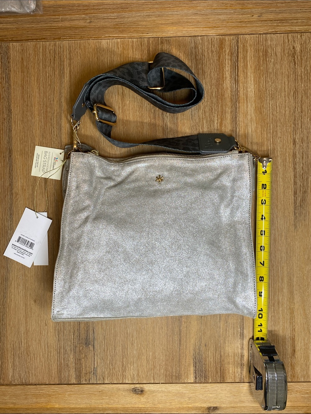NWT Erin Condren Platinum Leather Crossbody Bag with Leopard Wide Strap
